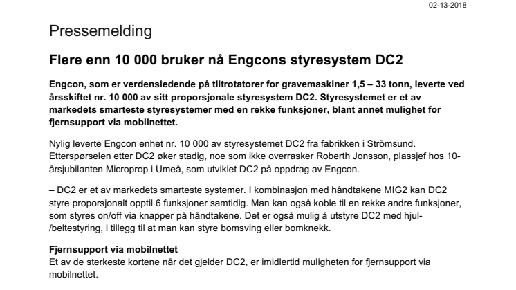 Flere enn 10 000 bruker nå Engcons styresystem DC2