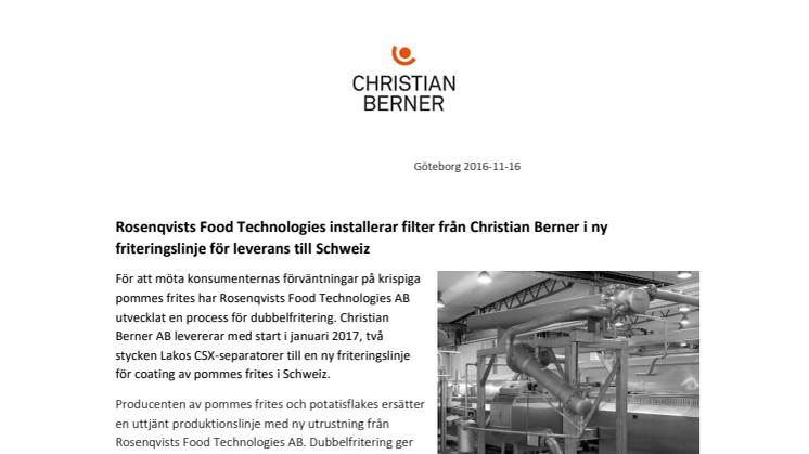 Rosenqvists Food Technologies installerar filter från Christian Berner i ny friteringslinje för leverans till Schweiz
