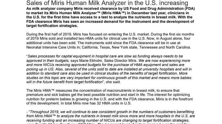 Sales of Miris Human Milk Analyzer in the U.S. increasing