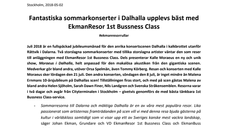 Fantastiska sommarkonserter i Dalhalla upplevs bäst med EkmanResor 1st Bussness Class