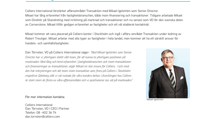 Mikael Igelström till Colliers International