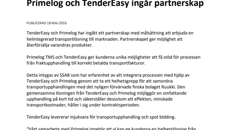 Primelog och TenderEasy ingår partnerskap
