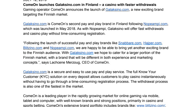ComeOn launches Galaksino.com in Finland – a casino with faster withdrawals