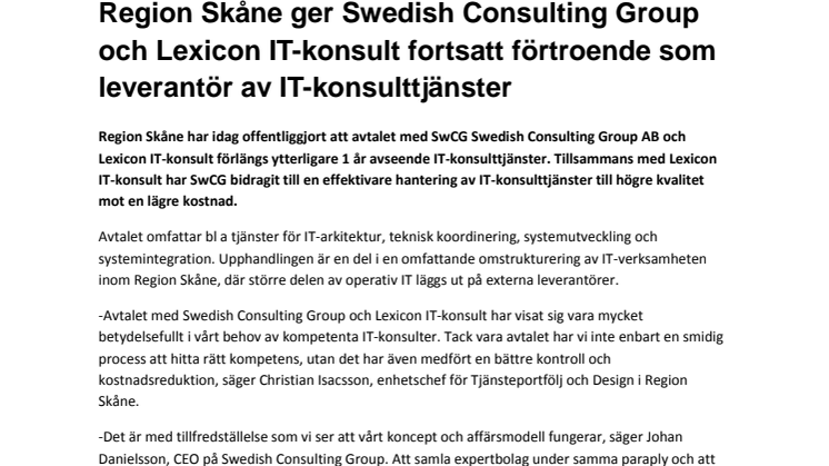 Region Skåne ger Swedish Consulting Group och Lexicon IT-konsult fortsatt förtroende.