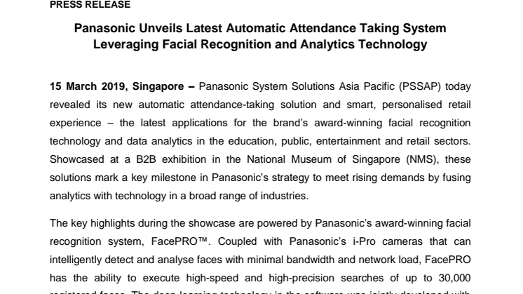 Panasonic Unveils Latest Automatic Attendance Taking System  Leveraging Facial Recognition and Analytics Technology