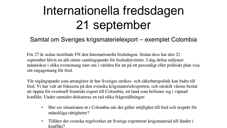 Internationella fredsdagen 21 september: Samtal om Sveriges krigsmaterielexport – exemplet Colombia