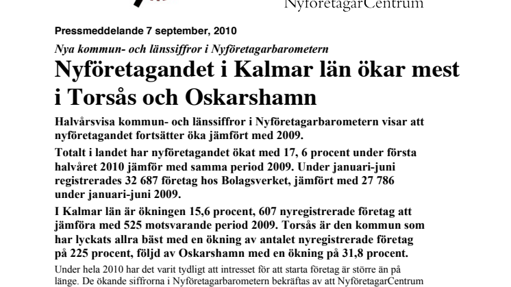 Nyföretagandet i Kalmar län ökar mest i Torsås och Oskarshamn