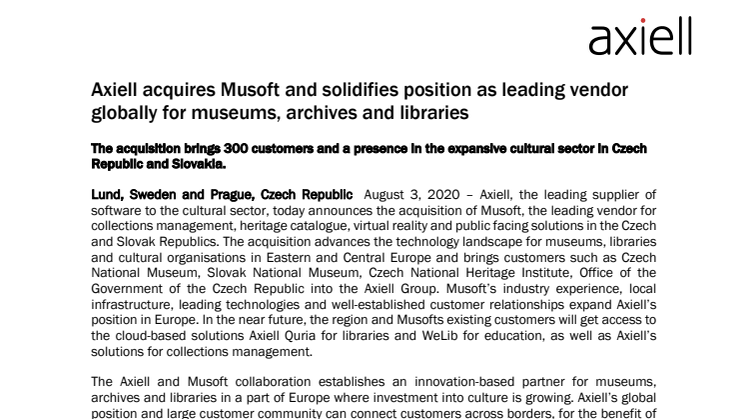 Axiell acquires Musoft and solidifies position as leading vendor globally for museums, archives and libraries 