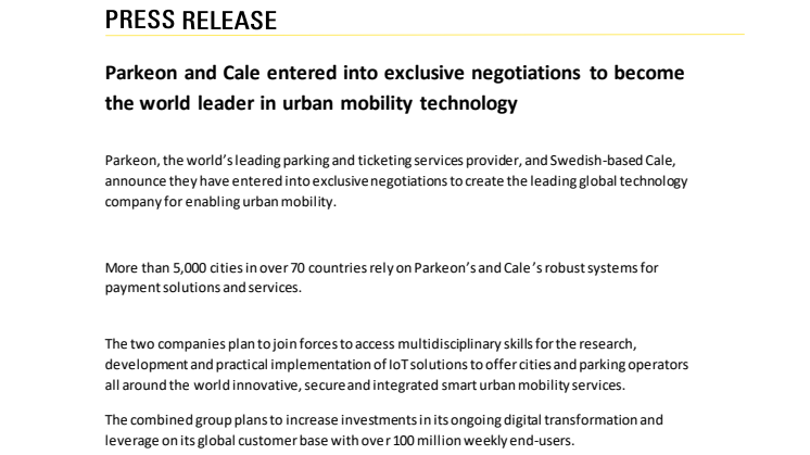 Parkeon and Cale entered into exclusive negotiations to become the world leader in urban mobility technology