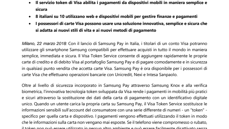 Samsung Pay ora disponibile per i clienti Visa in Italia