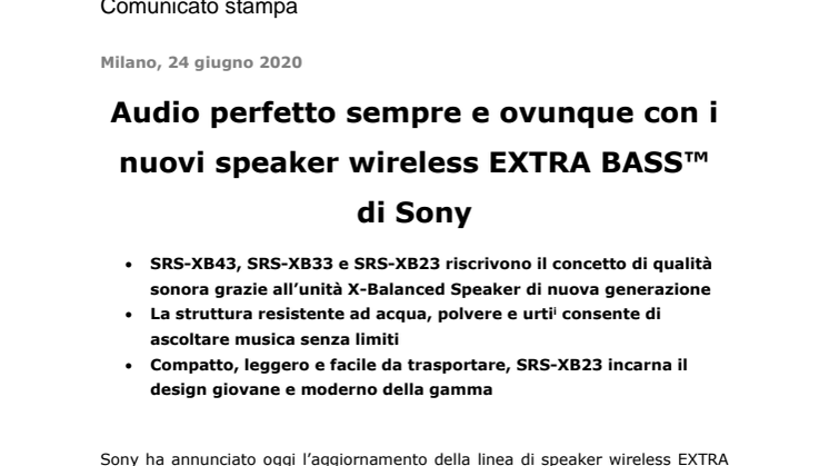 Audio perfetto sempre e ovunque con i nuovi speaker wireless EXTRA BASS™ di Sony