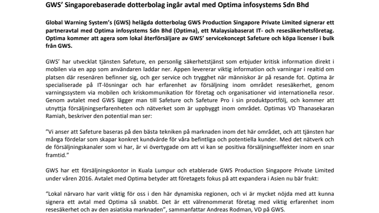 GWS’ Singaporebaserade dotterbolag ingår avtal med Optima infosystems Sdn Bhd