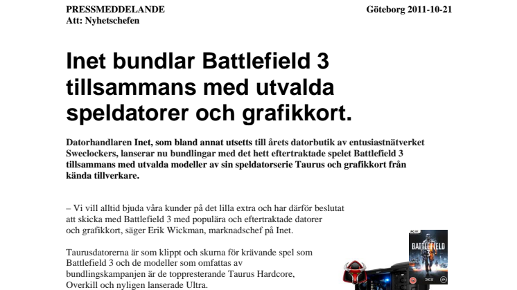 Inet skickar med Battlefield 3 tillsammans med utvalda speldatorer och grafikkort.