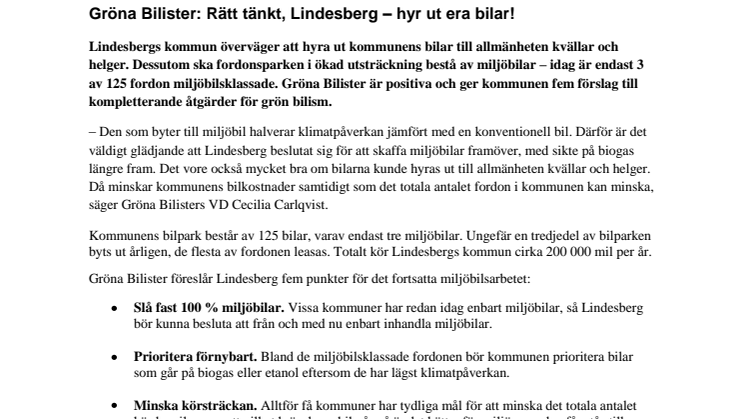 Gröna Bilister: Rätt tänkt, Lindesberg – hyr ut era bilar! 