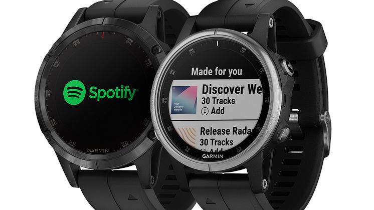 Garmin® presenterer integrasjon med Spotify. Lytt til musikk offline, direkte fra klokka. Først ut er fēnix® 5 Plus-serien.