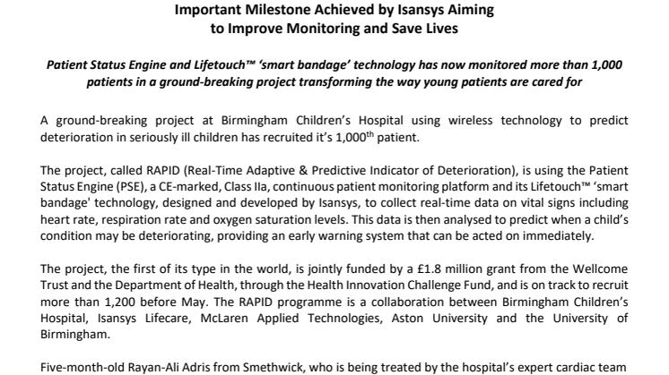 Important Milestone Achieved by Isansys Aiming to Improve Monitoring and Save Lives