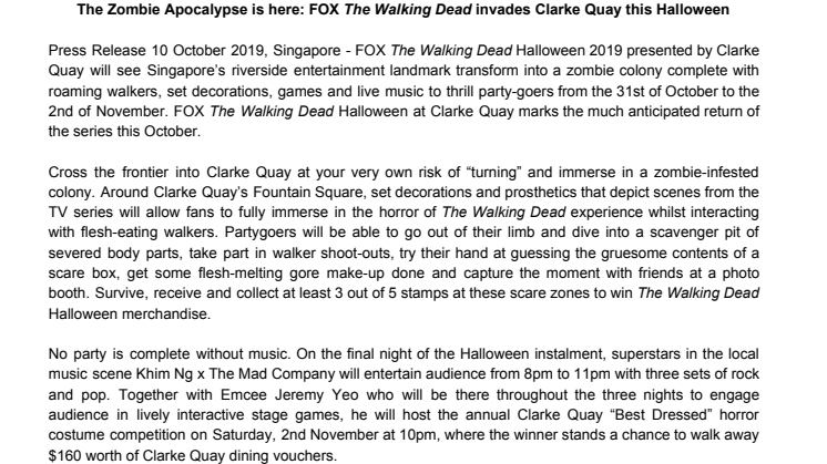 The Zombie Apocalypse is here: FOX The Walking Dead invades Clarke Quay this Halloween