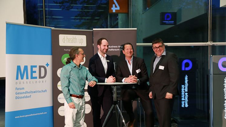 d-health.start im Universitätsklinikum in Düsseldorf: (v.l.n.r.) Thomas Saur, CEO CUREosity; Florian Leppert, apoBank; Joachim Poetsch, Vorstandsmitglied MED+; Rolf Fellmann, Vorstandsmitglied AngelEngine e.V.