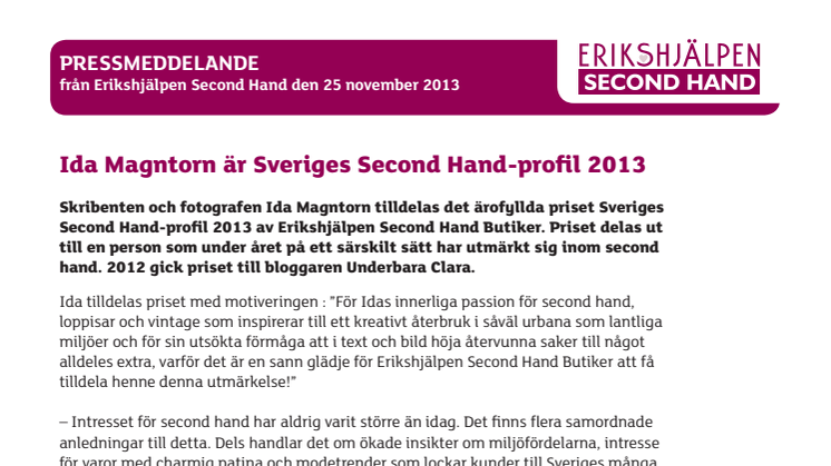 Ida Magntorn är Sveriges Second Hand-profil 2013