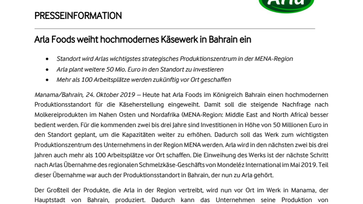 Arla Foods weiht hochmodernes Käsewerk in Bahrain ein