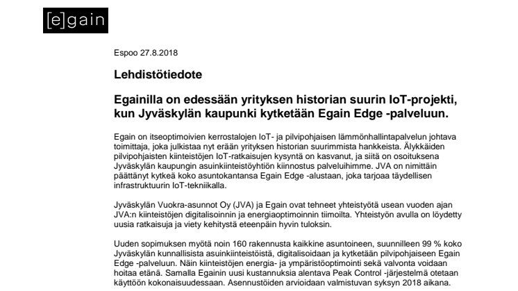 Egainilla on edessään yrityksen historian suurin IoT-projekti, kun Jyväskylän kaupunki kytketään Egain Edge -palveluun