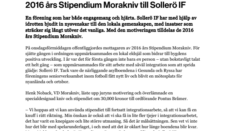2016 års Stipendium Morakniv till Sollerö IF