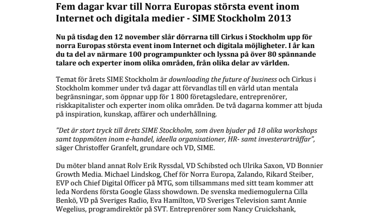 Fem dagar kvar till Norra Europas största event inom Internet och digitala medier - SIME Stockholm 2013  