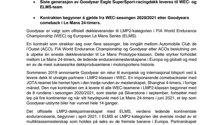 FIA World Endurance Championship utpeker Goodyear som offisiell dekkleverandør til LMP2