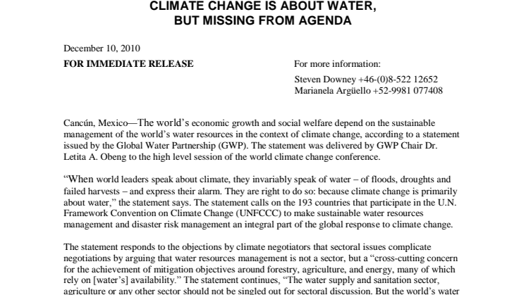CLIMATE CHANGE IS ABOUT WATER, BUT MISSING FROM AGENDA