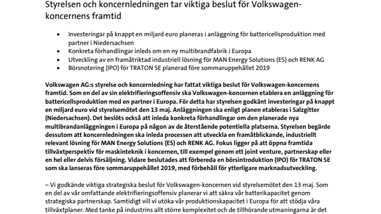 Styrelsen och koncernledningen tar viktiga beslut för Volkswagen-koncernens framtid