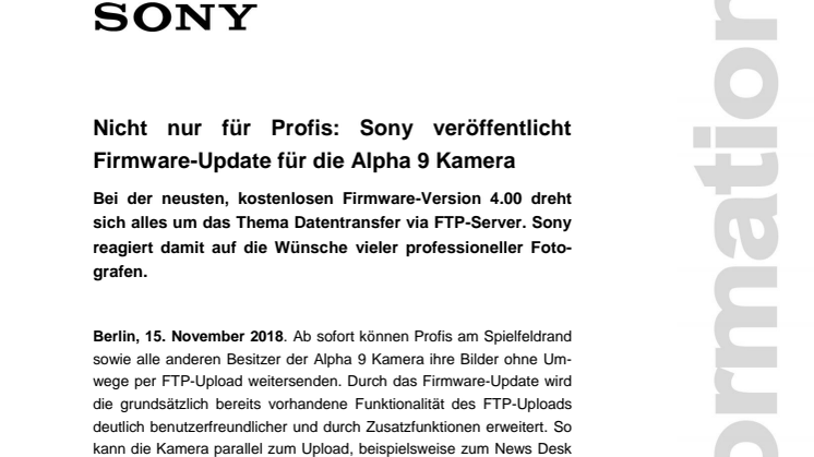 Nicht nur für Profis: Sony veröffentlicht Firmware-Update für die Alpha 9 Kamera