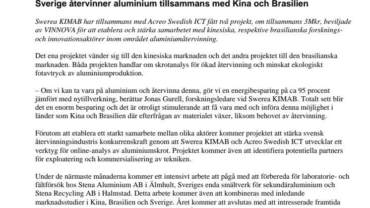 Sverige återvinner aluminium tillsammans med Kina och Brasilien