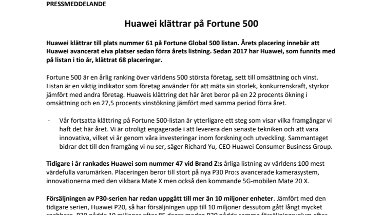 Huawei klättrar på Fortune 500