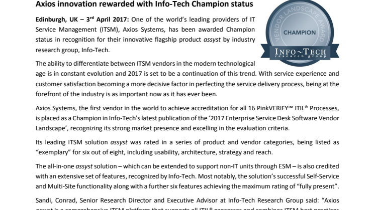 Axios innovation rewarded with Info-Tech Champion status