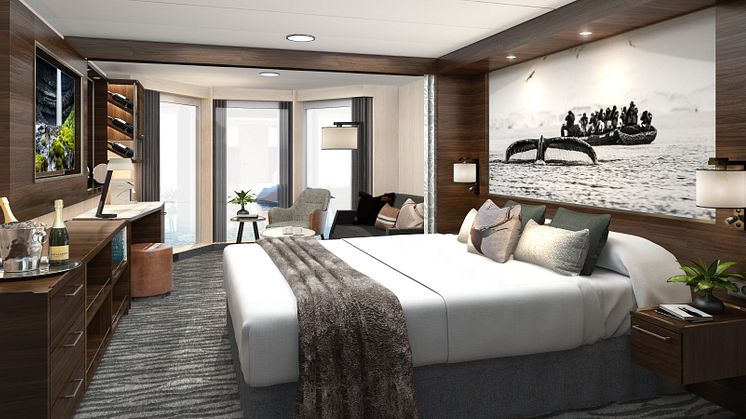 SUITE: With large bay windows, Hurtigruten guests can enjoy the spectacular views of the Norwegian coast on board the newly refurbished Hurtigruten vessel MS Richard With. Foto: HURTIGRUTEN