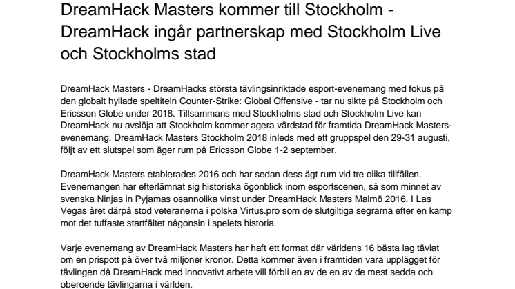 DreamHack Masters kommer till Stockholm - DreamHack ingår partnerskap med Stockholm Live och Stockholms stad 