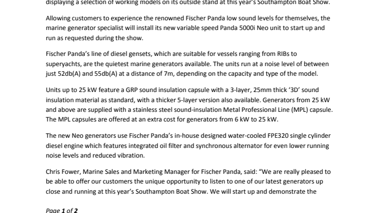 Fischer Panda to Demonstrate Quiet-Running Generators  at Southampton Boat Show