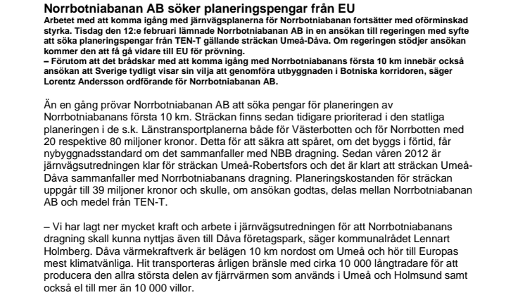 Norrbotniabanan AB söker planeringspengar från EU