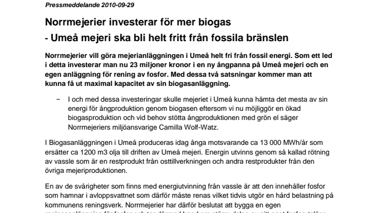 Norrmejerier investerar för mer biogas - Umeå mejeri ska bli helt fritt från fossila bränslen