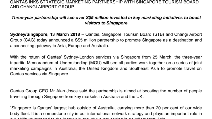 Qantas inks Strategic Marketing Partnership with Singapore Tourism Board and Changi Airport Group