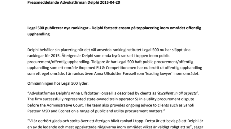 Legal 500 publicerar nya rankingar - Delphi fortsatt ensam på topplacering inom området offentlig upphandling 