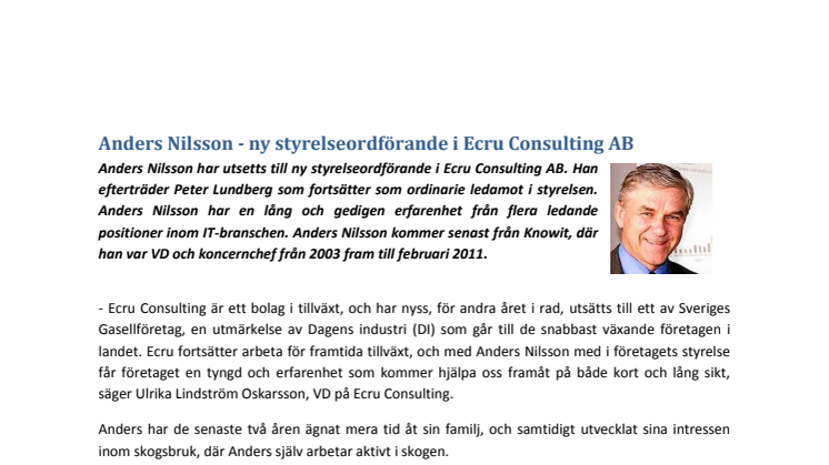 Anders Nilsson – ny styrelseordförande i Ecru Consulting AB