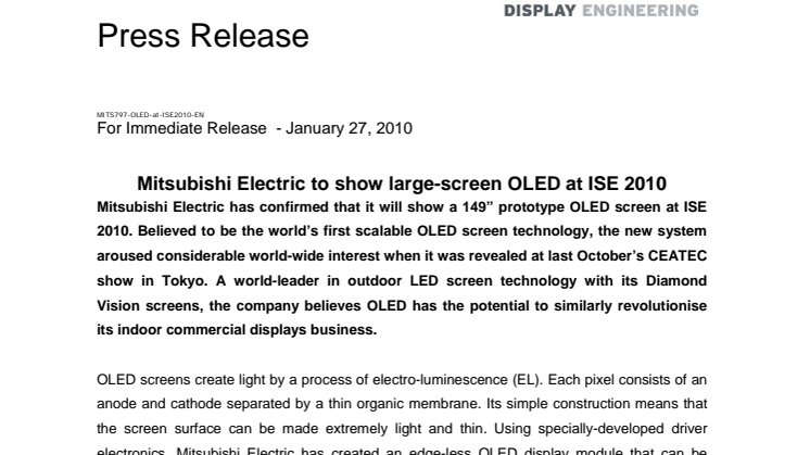 Mitsubishi Electric to show large-screen OLED at ISE 2010