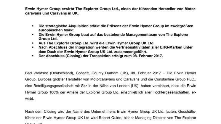 Erwin Hymer Group erwirbt The Explorer Group Ltd., einen der führenden Hersteller von Motorcaravans und Caravans in UK.