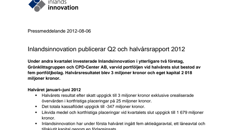 Inlandsinnovation publicerar Q2 och halvårsrapport 2012  