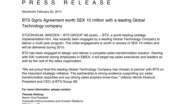 BTS Signs Agreement worth SEK 10 million with a leading Global Technology company 