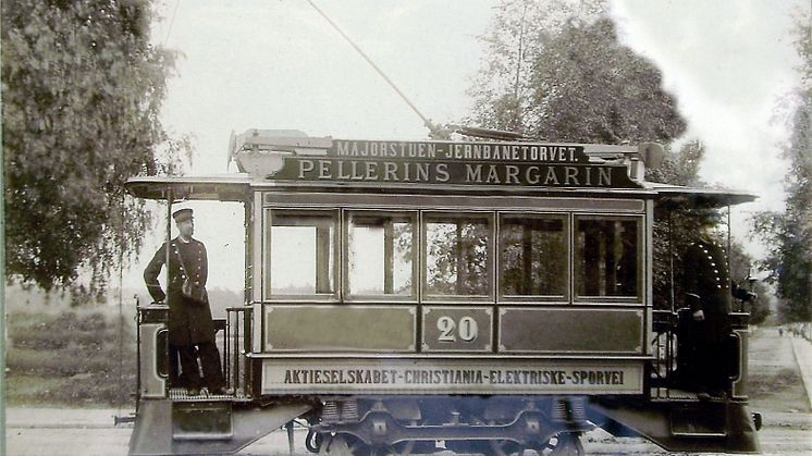 Kristianias første elektriske trikk fra Allgemeine (AEG), fotografert på Majorstuen ca. 1896. Foto:Privat/LTF