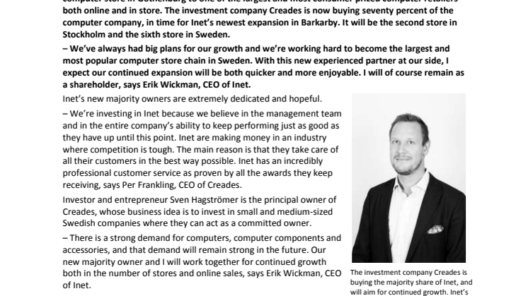 Sven Hagströmer’s Creades new majority owner of Inet 