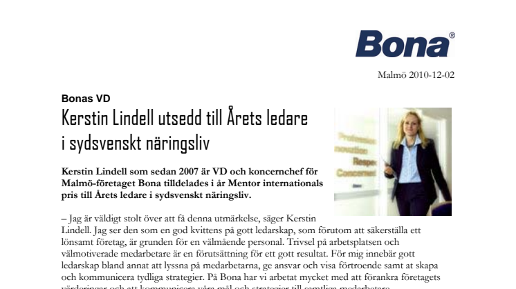 Bonas VD  Kerstin Lindell utsedd till Årets ledare  i sydsvenskt näringsliv