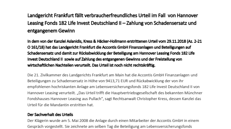 Landgericht Frankfurt fällt verbraucherfreundliches Urteil im Fall  von Hannover Leasing Fonds 182 Life Invest Deutschland II – Zahlung von Schadensersatz und entgangenem Gewinn